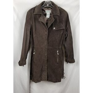 VTG Bradley Bayou Brown‎ Suede Leather Trench Coat Belted Y2K Outerwear Size S